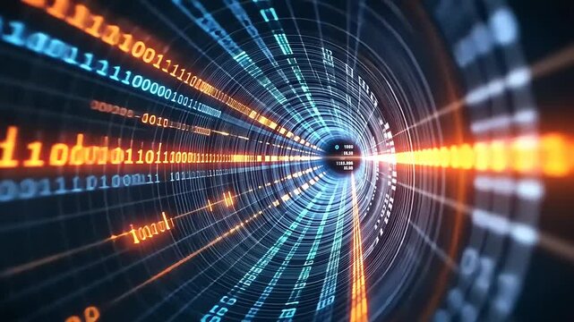 Abstract digital tunnel with flowing binary code and vibrant light streaks representing data transfer