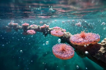 Underwater View of Vibrant Pink Coral Polyps Attached to a Submerged Structure with Air Bubbles in Clear Ocean Water, Depicting Marine Biodiversity and Reef Regeneration