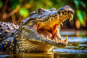 Fototapeta premium Candid Crocodile: Open Mouth, Wild Reptile, Close-Up, Nature Photography, Wildlife, Dangerous Animal, Reptilian, Jaw, Teeth, Predator, African Safari, River, Swamp, Nature Scene, Animal Portrait