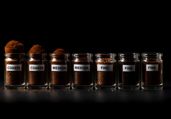 Different coffee grounds sizes in glass jars