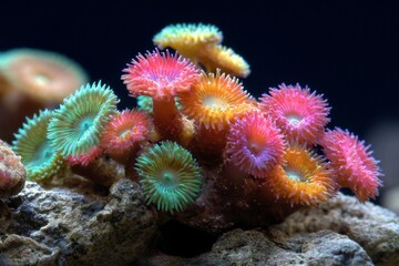 Vibrant Close-Up of Multicolored Zoanthid Coral Polyps Growing on Rock Underwater, Displaying Bright Pink, Orange, Green, and Yellow Tentacles in a Marine Reef Environment