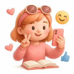 Smiling girl with sunglasses and headband taking selfie with smartphone, making peace sign, open book in front, surrounded by heart, smiley, and thumbs up icons, cheerful mood