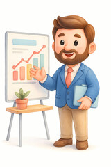Businessman cartoon character presenting growth chart, cheerful expression, holding tablet, standing by whiteboard with bar and line graph, office plant, professional attire
