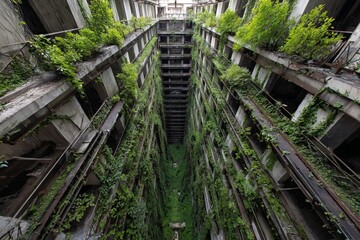 Vertical View of an Abandoned Building Overtaken by Dense, Lush Green Vegetation Representing Nature’s Unstoppable Power to Reclaim Urban Structures and Restore Organic Balance