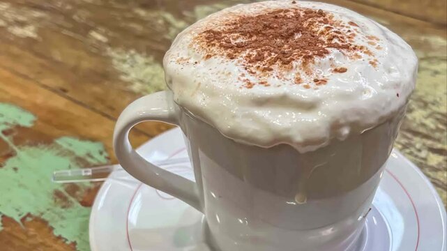 A close up of a white mug filled with a creamy drink topped with chocolate shavings on a table top