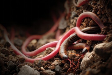 Close-Up of Earthworms Burrowing Through Rich, Fertile Soil Illustrating Their Vital Role in Enhancing Soil Health, Decomposition Processes, and Sustaining the Natural Ecosystem Cycle