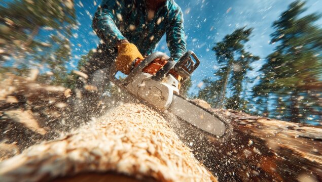 Worker Using Chainsaw Cutting Fallen Log Outdoors with Blue Sky