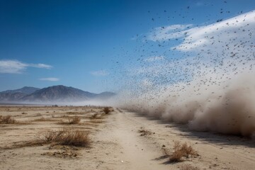 Dramatic Scene of a Powerful Dust Storm Sweeping Across an Arid Desert Landscape, Capturing Nature's Intense Force, Dry Conditions, and the Harsh Realities of Environmental Extremes