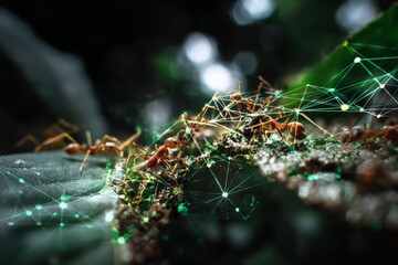 Macro View of Ants Collaborating on a Leaf Integrated with Digital Network Connections, Symbolizing Nature's Collective Intelligence and its Parallel to Advanced Technological Networks