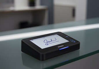 Electronic signature pad on office desk