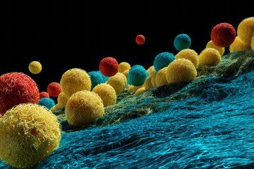 Abstract Microscopic View of Colorful Textured Spheres Floating Above Fibrous Surfaces, Representing Artistic Interpretation of Molecular Structures and Biological Processes at Micro Scale