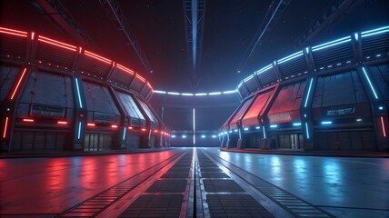 Futuristic Arena with Neon Lights and Symmetrical Architecture