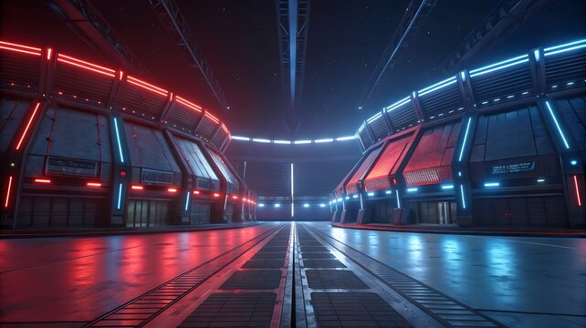 Futuristic Arena with Neon Lights and Symmetrical Architecture