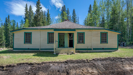 Abandoned wooden coal miner’s duplex in Nordegg, Alberta, Canada