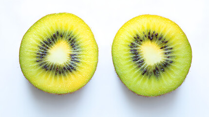Fototapeta premium Fresh kiwi fruit sliced open, revealing vibrant green and yellow flesh, isolated on white. Minimalist composition showcasing natural beauty and fre