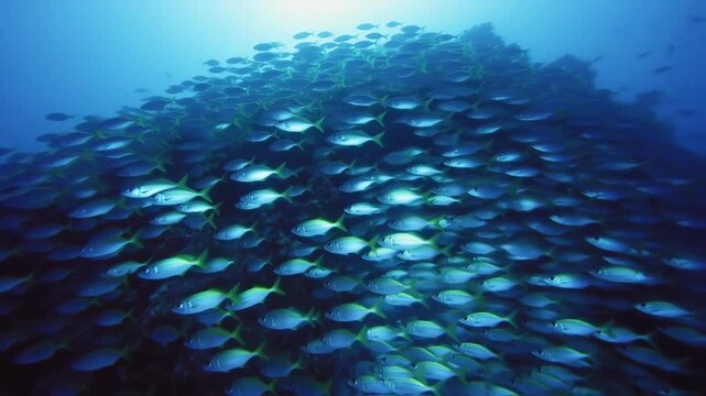 Large school of yellowtail fusilier fish swim together near a coral reef in the deep ocean, creating an underwater marine ecosystem.