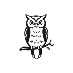 Vector art of stylized black and white vector illustration of an owl perched on a branch, isolated on white background