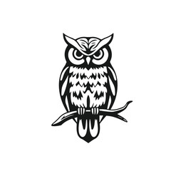 Vector art of stylized black and white vector illustration of an owl perched on a branch, isolated on white background
