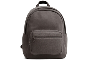 Studio shot of a simple, modern grey backpack with a zippered front pocket, isolated on a transparent background