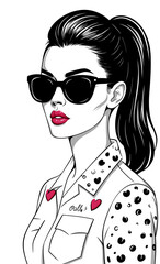 Illustration of a woman wearing chic sunglasses and vibrant red lipstick, with her hair in a sleek ponytail