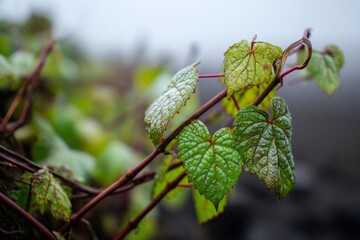 Close-Up View of Dew-Kissed Vibrant Green Leaves on Twisting Brown Branches in a Misty, Serene Atmosphere Conveying Freshness, Life, Nature’s Elegance, Delicate Beauty, and Morning Tranquility