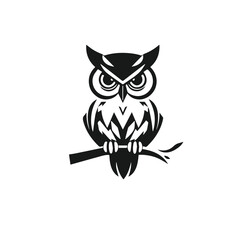 Vector art of stylized black owl perched on a branch, isolated on white background