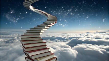 Surreal Spiral Staircase Made of Books Leading to the Stars