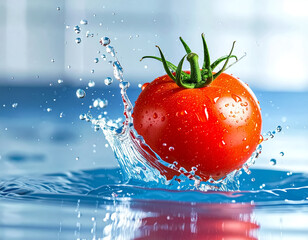 Tomato splashing into clear water, captured mid-motion with droplets frozen in time
