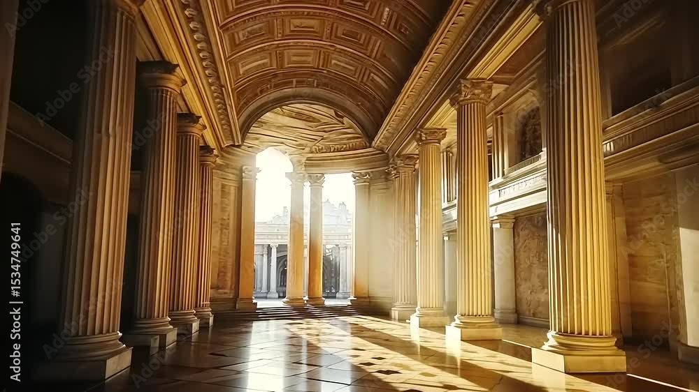 Poster sunlight streaming through grand columns in an ancient architectural space, highlighting intricate d