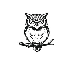 Vector art of a watchful owl perched on a branch, isolated on white background