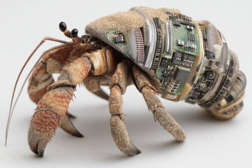 Futuristic Hermit Crab with Shell Crafted from Intricate Electronic Components Representing a Fusion of Nature and Technology, Highlighting Adaptation, Innovation, and Creative Symbiosis