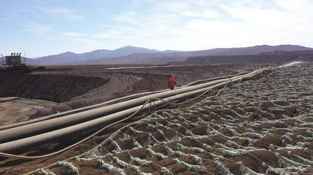 Leaching Area in Copper Mining Operation &ndash; Heap Pads, Acid Ponds, Stackers and Conveyor Belts in the Atacama Desert

