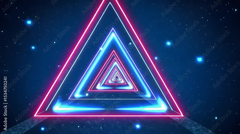 Poster neon-lit triangular tunnel with glowing edges, creating a futuristic atmosphere in a dark space