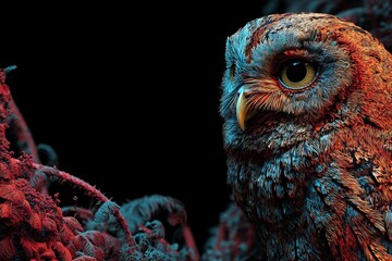 Majestic Nocturnal Sentinel Perched Among Crimson-Tinged Branches Under Ethereal Light with Intricate Feather Details and a Steady, Piercing Golden Gaze in Deep Shadows