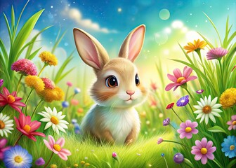 Cute Baby Rabbit with Flowers, Adorable Bunny Illustration, Spring Bunny, Cartoon Rabbit, Grassy Meadow, Happy Bunny