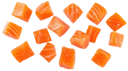 salmon pieces on white background