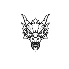 Vector art of stylized black and white vector illustration of a fierce dragon head isolated on white background