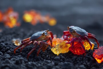 Fantasy Crabs Interacting with Molten Gem Clusters on Volcanic Ash Terrain in a Hyperreal Scene with Lava-Colored Crystals and Naturalistic Shell Texture under Cool Lighting