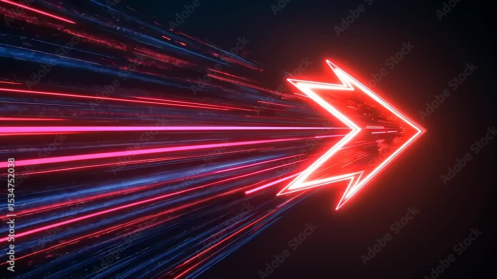 Poster dynamic neon arrow graphic with streaks of light, symbolizing speed and direction in a digital space