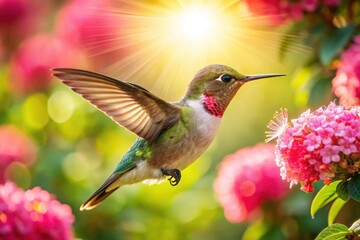 Fototapeta premium Drone Photography: Hummingbird Aerial View Pink Flowers Nectar Feeding