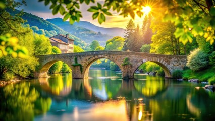 Fototapeta premium Drome France Bridge Bokeh Photography - Picturesque River Scene, French Countryside Landscape