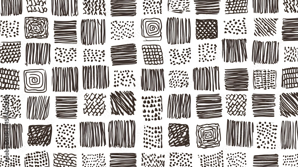 Poster hand-drawn geometric pattern featuring various square shapes with abstract line art
