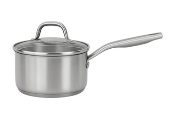 Empty stainless steel cooking pot with glass lid, metal handle, and transparent background, perfect for showcasing food or kitchen products
