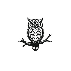 Vector art of monochrome vector illustration of an owl perched on a branch, isolated on white background