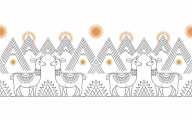 Peruvian Folk Weaving Motifs, Andean Llama Line Art with Geometric Mountains and Suns.