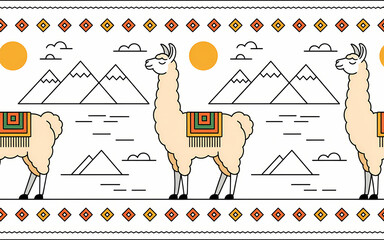 Peruvian Folk Weaving Motifs, Andean Llama Pattern with Mountains and Sun.