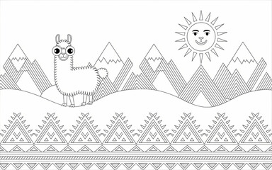Peruvian Folk Weaving Motifs, Cute Llama in a Mountain Landscape Coloring Page Design.