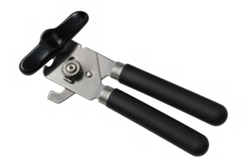 Metal can opener with black handles, isolated on transparent background, ready for opening cans