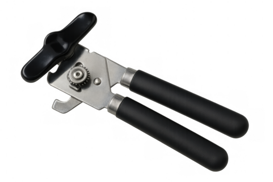 Metal can opener with black handles, isolated on transparent background, ready for opening cans