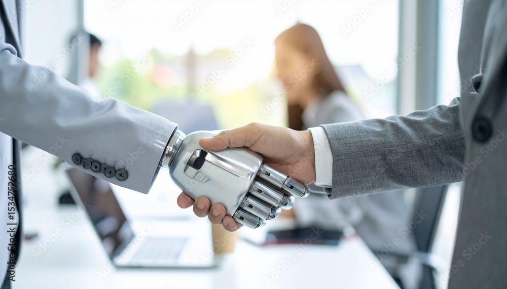 Poster a handshake between person and a robot, symbolizing a collaboration of technology and humans. a pers
